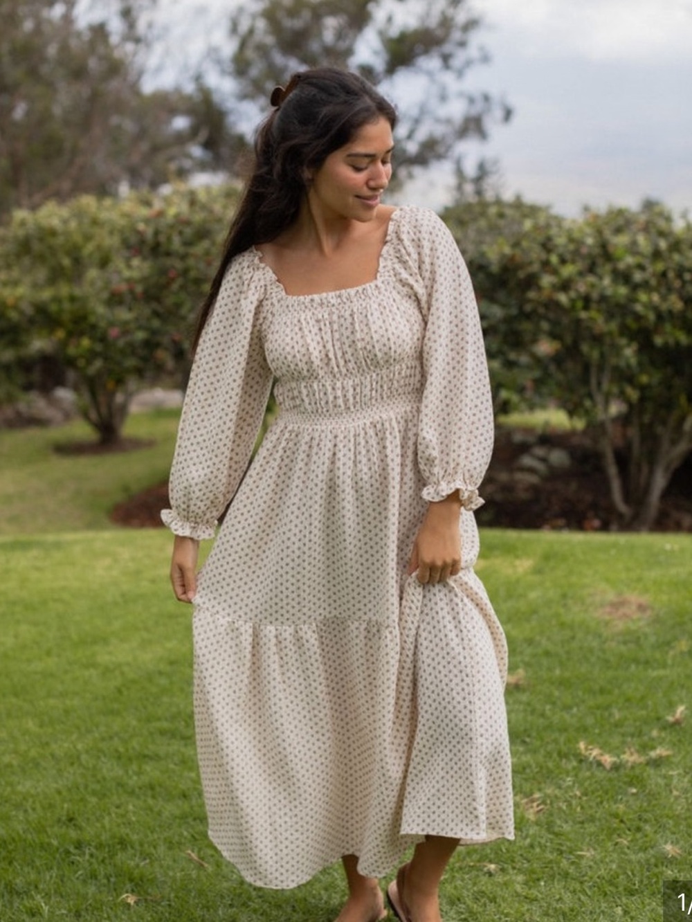 Neuflora Angela dress 
Smocked Square Neck Long Sleeve Maxi Dress in Cream